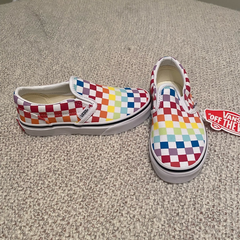 Size 13 Vans, rainbow checkers, slip ons